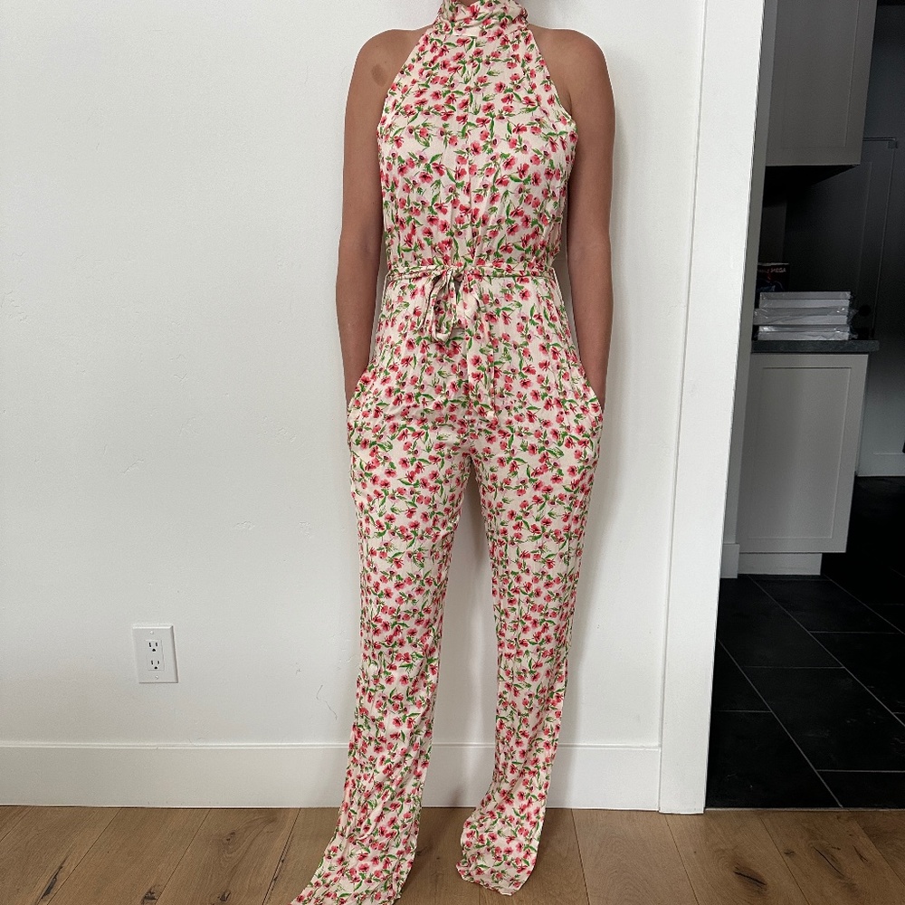 Something Navy Silky Floral Halter Jumpsuit Size Small